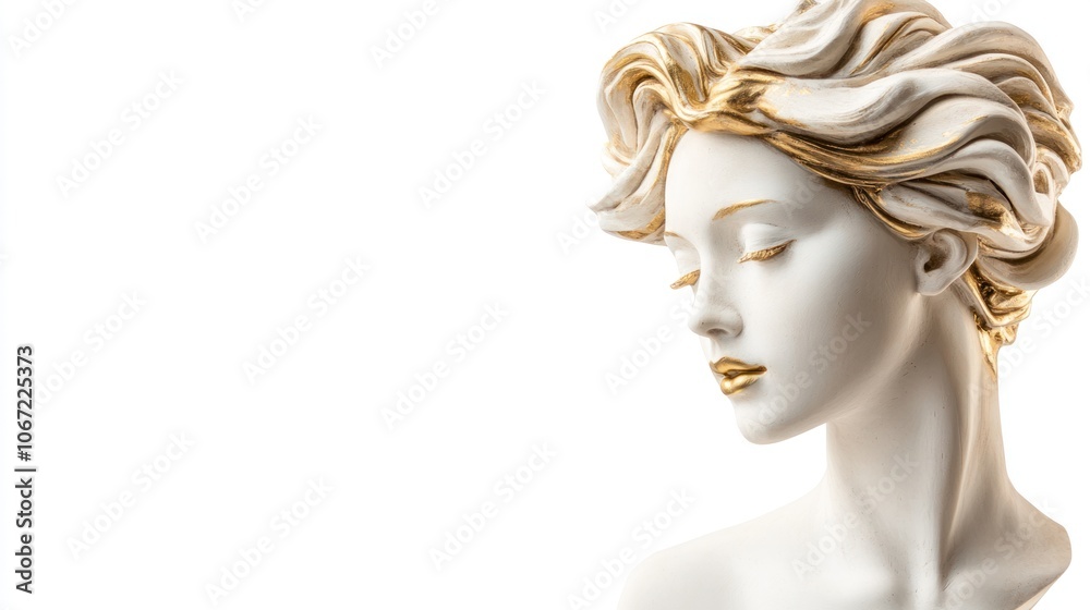 Isolated plaster Venus head sculpture with gold accents, highlighting classic art on a white background Isolated plaster Venus head sculpture with gold accents, highlighting classic art on a white background