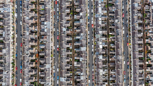 Aerial view directly above rows of suburban streets with back to back terraced houses photo