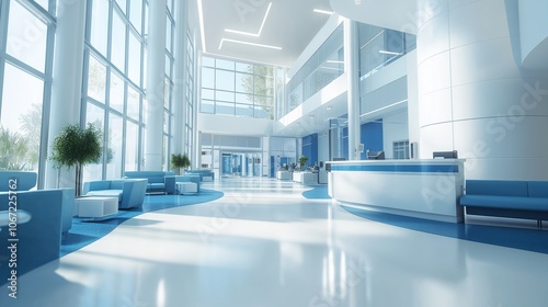 Modern Hospital Lobby With Open-Plan Layout and Natural Light Featuring Blue and White Interiors
