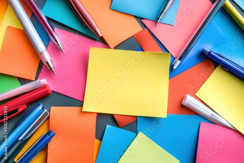 Creative Workspace with Colorful Markers, Sticky Notes, and Stationery on a Vibrant Blue Background