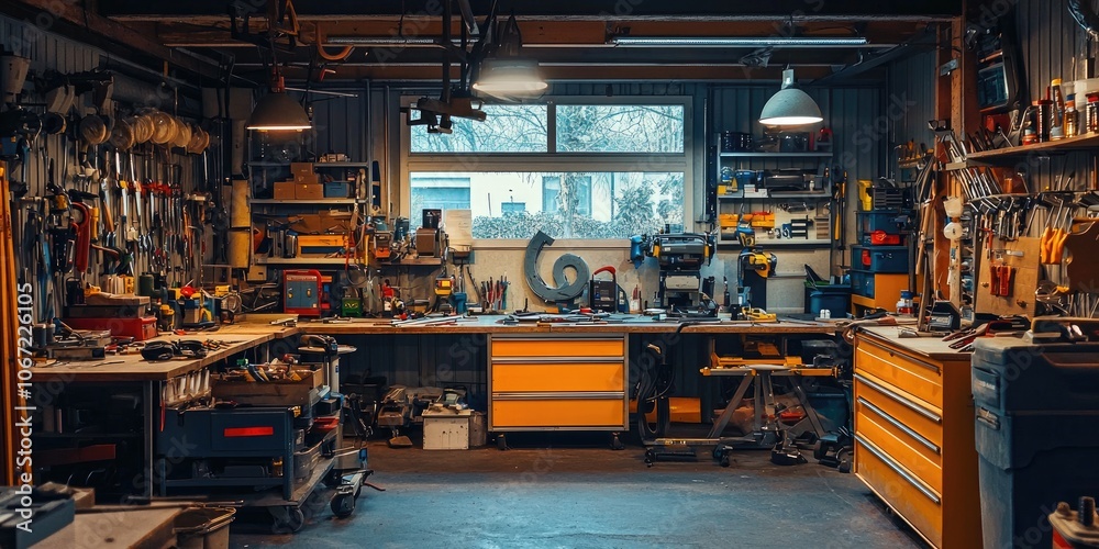 Interior of a repair shop with various tools, equipment, and ongoing repairs. Interior of a repair shop with various tools, equipment, and ongoing repairs.