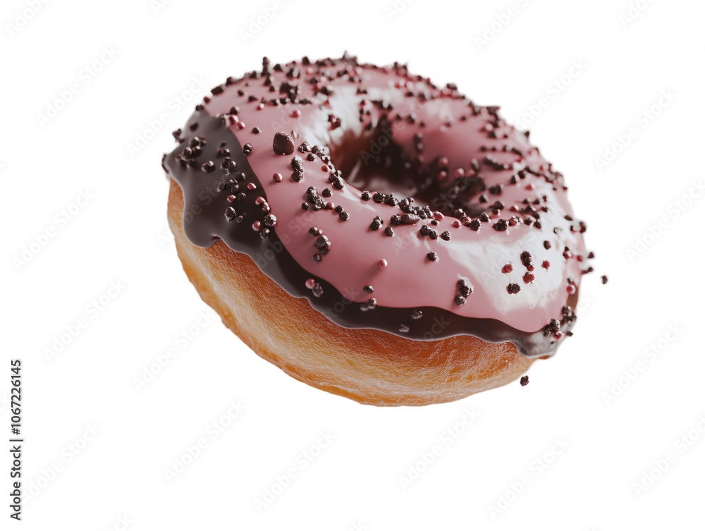 a pink and chocolate donut with sprinkles a pink and chocolate donut with sprinkles