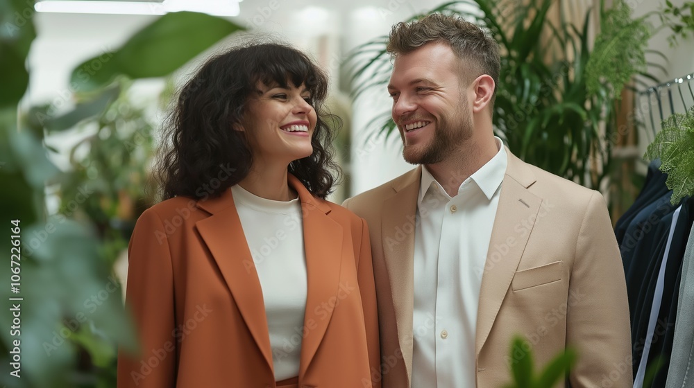 Couple in beige and orange blazers among tropical plants. Valentine's Day fashion concept Couple in beige and orange blazers among tropical plants. Valentine's Day fashion concept