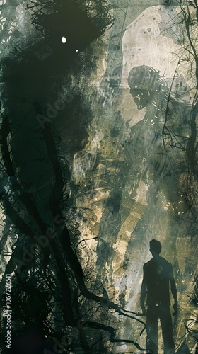 A Man in the Shadows of a Dark Forest: A Surreal and Eerie Artwork