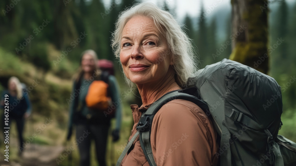 Smiling senior woman with backpack hiking in a forested trail alongside a group of fellow hikers, enjoying outdoor adventure and nature.
Smiling senior woman with backpack hiking in a forested trail alongside a group of fellow hikers, enjoying outdoor adventure and nature.
