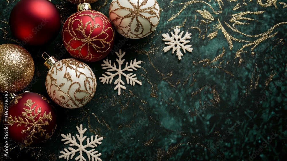 green christmas background with snowflake and ornaments with space. xmas border green christmas background with snowflake and ornaments with space. xmas border