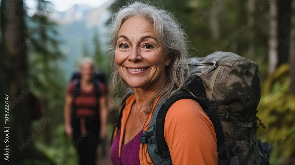 Smiling senior woman with backpack hiking in a forested trail alongside a group of fellow hikers, enjoying outdoor adventure and nature.
Smiling senior woman with backpack hiking in a forested trail alongside a group of fellow hikers, enjoying outdoor adventure and nature.