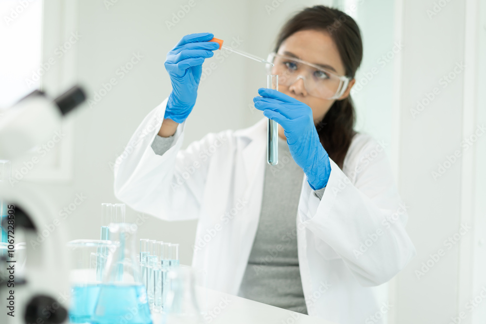 Scientist doing chemical test in research lab to study vaccine Scientist doing chemical test in research lab to study vaccine