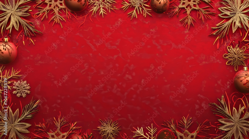 red christmas background with golden snowflake and ornaments with space red christmas background with golden snowflake and ornaments with space