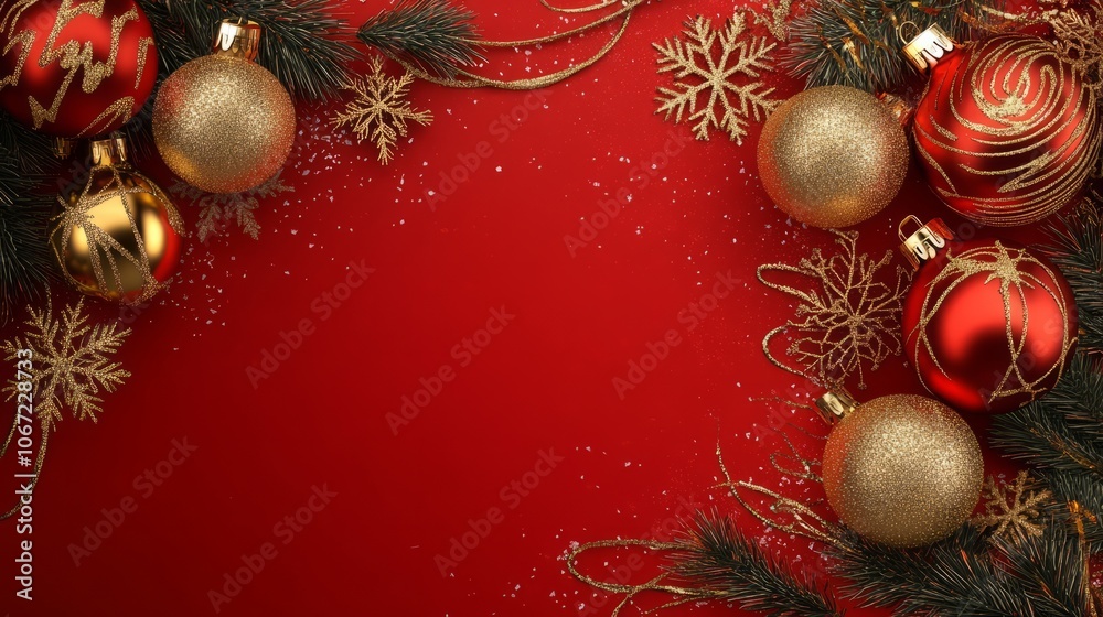 red christmas background with golden snowflake and ornaments with space. xmas border red christmas background with golden snowflake and ornaments with space. xmas border
