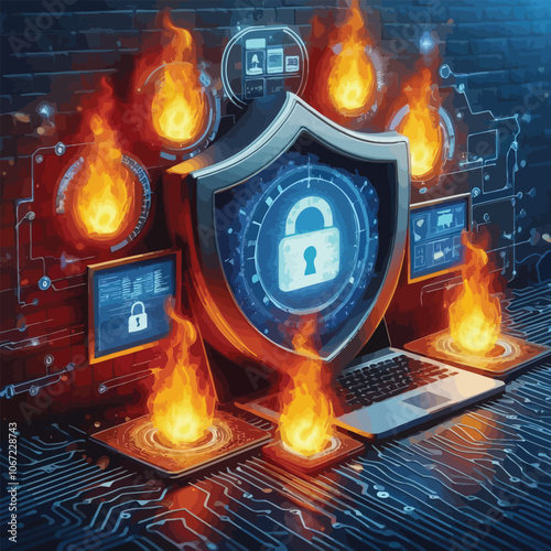 A firewall graphic with flames representing cybersecurity