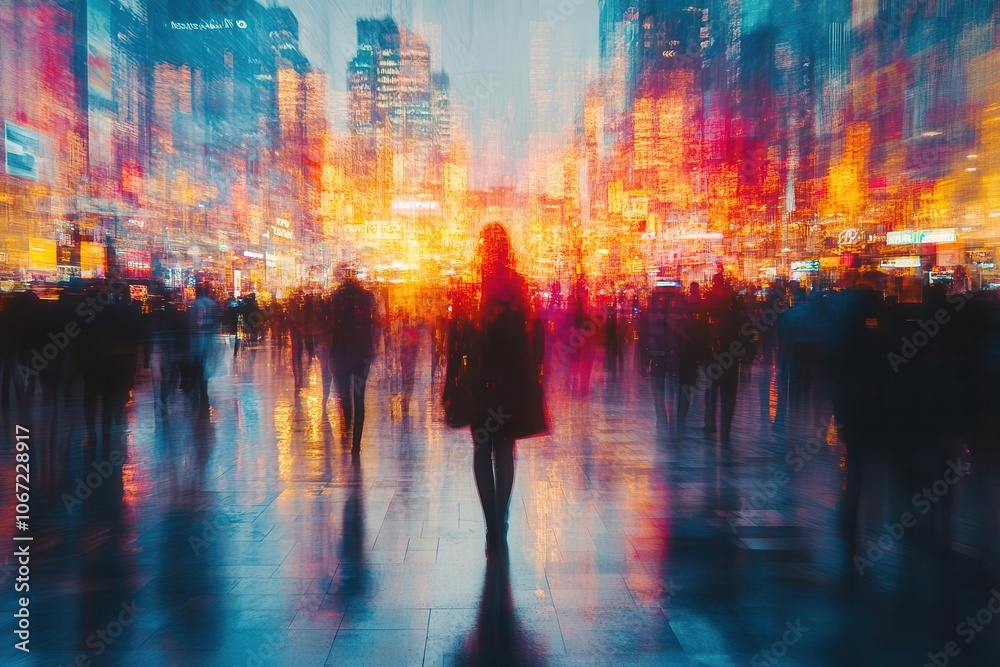 Obraz premium abstract blurred defocused tradeshow event capturing the energy and excitement of a business convention with attendees engaging in technology discussions and networking opportunities