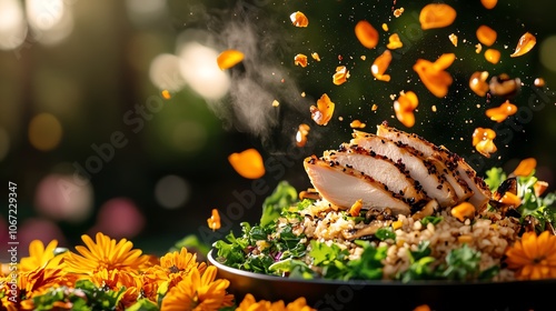 Autumnthemed Japanese rice bowl with roasted turkey, shiitake mushrooms, seasonal greens, and a soybased glaze, earthy tones, natural presentation photo