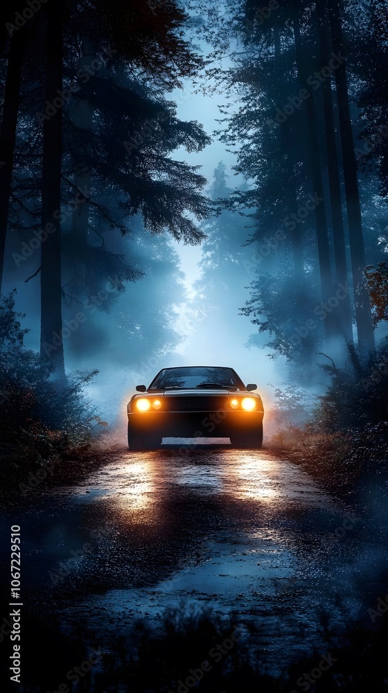 A car driving on the road through a forest at night, with fog and lights. The beautiful forest landscape is filled with trees, and a misty light A car driving on the road through a forest at night, with fog and lights. The beautiful forest landscape is filled with trees, and a misty light