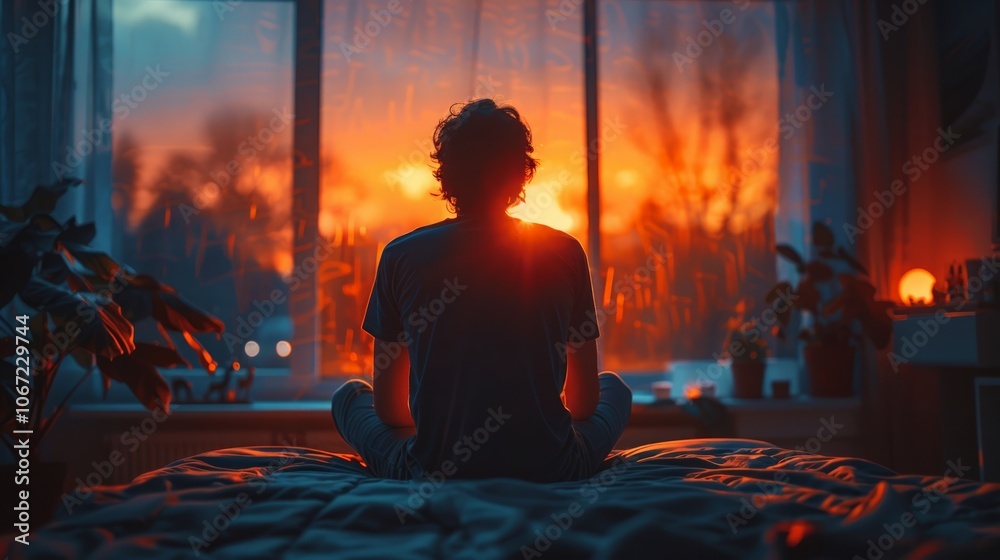 person sitting on the edge of their bed, lost in thought, with a dimly lit background person sitting on the edge of their bed, lost in thought, with a dimly lit background