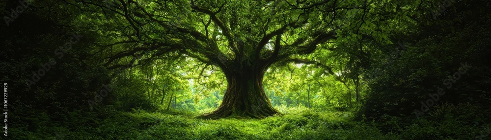 Naklejka premium Majestic ancient tree surrounded by lush greenery, creating a serene atmosphere in a vibrant forest setting, ideal for nature and landscape graphy.