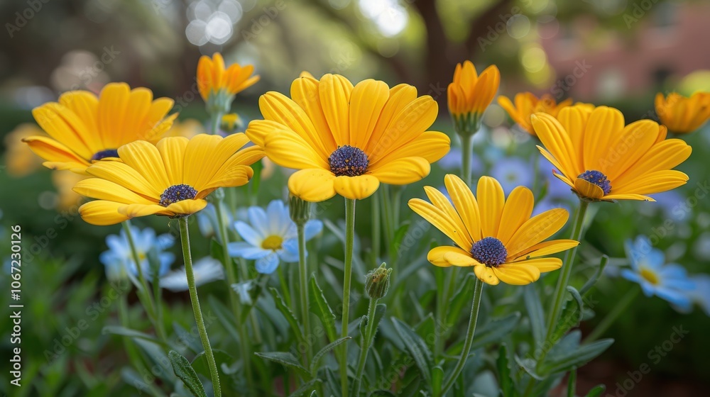 Fototapeta premium Bright and vibrant yellow daisies bloom in a garden setting with soft focus background highlighting the natural beauty of the colorful flowers