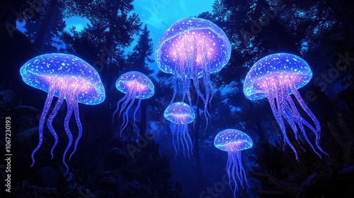 A mesmerizing underwater scene featuring glowing jellyfish floating gracefully in a mystical blue forest environment.