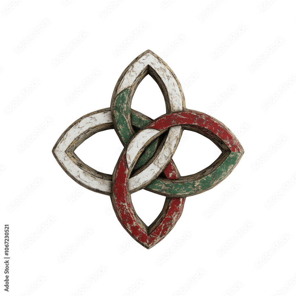 Intertwined Wooden Knot in Red, White, and Green Intertwined Wooden Knot in Red, White, and Green