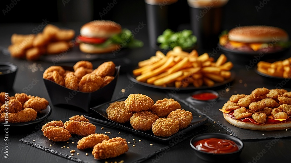 On an elegant and memorable black background, a variety of KFC-style original nuggets and wings, along with realistic and appetizing maxi burgers and cheeseburgers, generative ai On an elegant and memorable black background, a variety of KFC-style original nuggets and wings, along with realistic and appetizing maxi burgers and cheeseburgers, generative ai