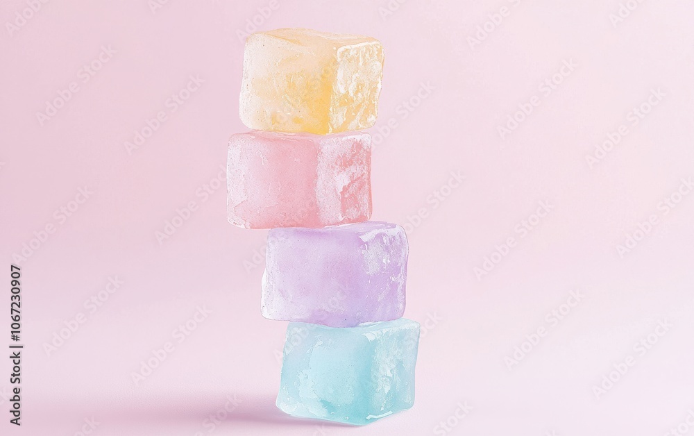 Colorful pastel ice cubes stacked against a soft pink backdrop, perfect for summer-themed designs, beverages, or culinary presentations. Colorful pastel ice cubes stacked against a soft pink backdrop, perfect for summer-themed designs, beverages, or culinary presentations.
