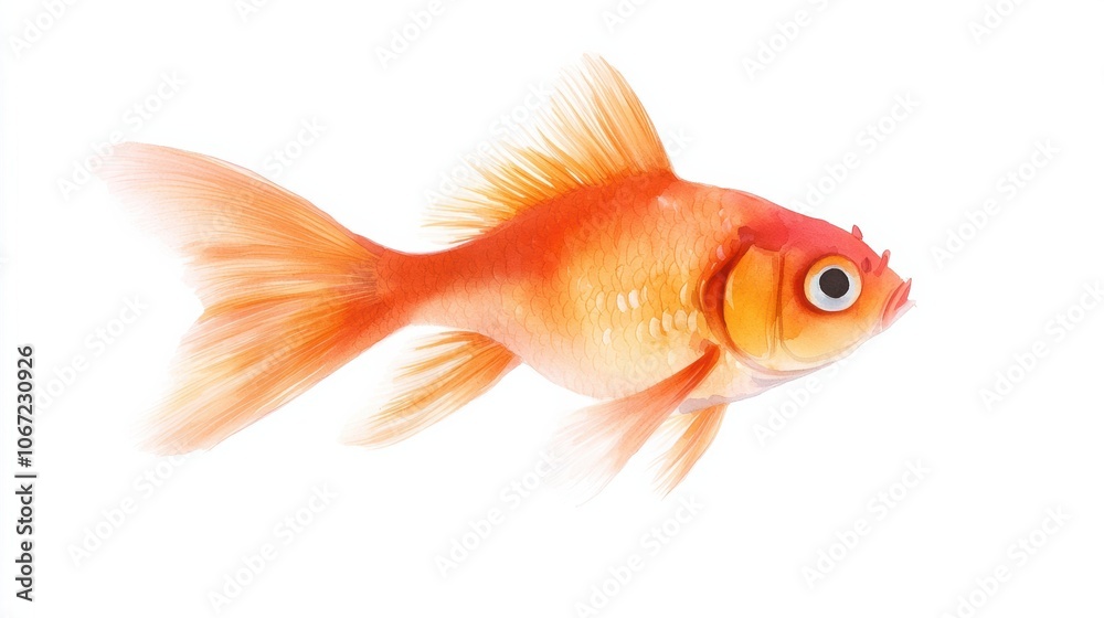 A vibrant orange goldfish swimming gracefully, showcasing its delicate fins and shimmering scales against a clean white background. A vibrant orange goldfish swimming gracefully, showcasing its delicate fins and shimmering scales against a clean white background.