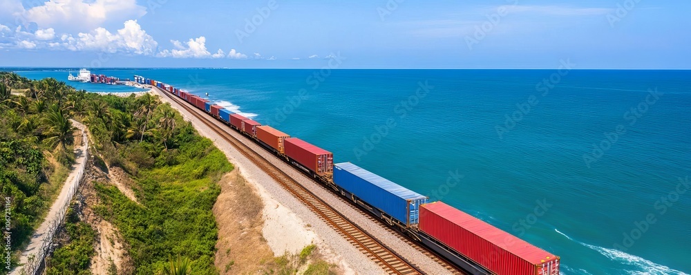 Freight train passing by ocean port, containers visible, global logistics Freight train passing by ocean port, containers visible, global logistics