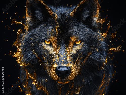 close-up of a black wolf's face, with its eyes glowing yellow and its fur shining gold.