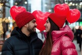 Couple in winter wear with red heart balloons. Valentine's Day street romance concept