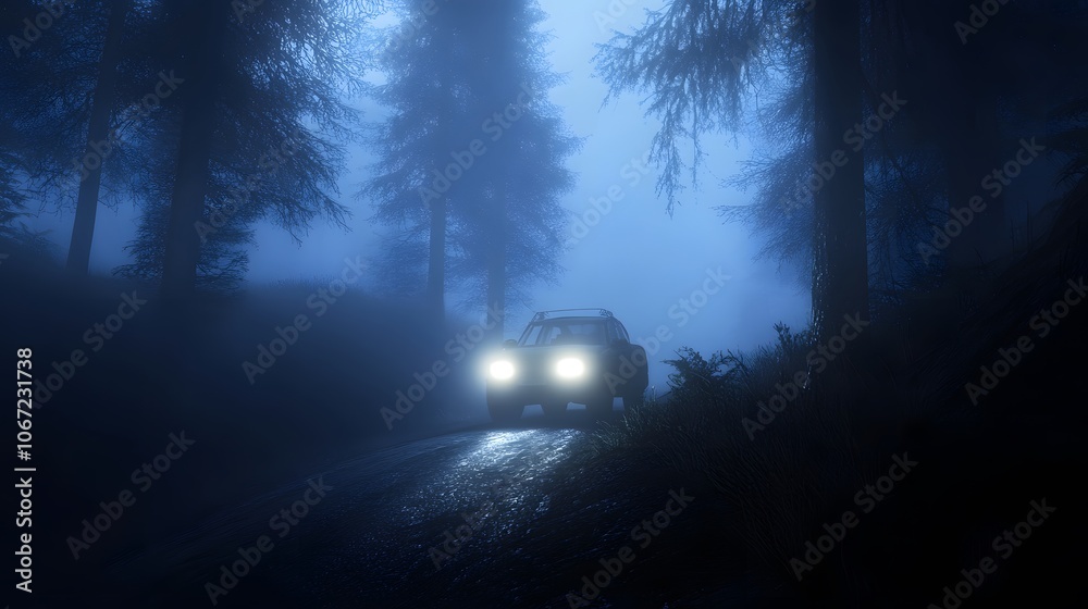 A car driving on the road through a forest at night, with fog and lights. The beautiful forest landscape is filled with trees, and a misty light A car driving on the road through a forest at night, with fog and lights. The beautiful forest landscape is filled with trees, and a misty light