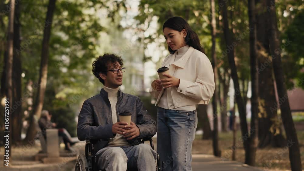 Young man sitting in wheelchair talking with woman holding coffee Young man sitting in wheelchair talking with woman holding coffee
