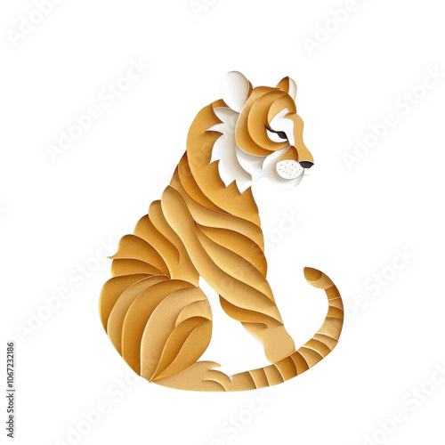 Stylized tiger sitting, colorful paper cut design, white background.
