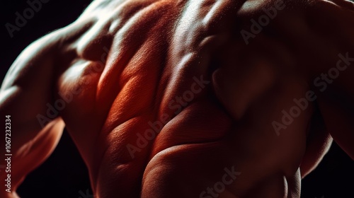 Man gripping lower back with an expression of pain; close-up on muscles, showcasing tension and physical strain photo