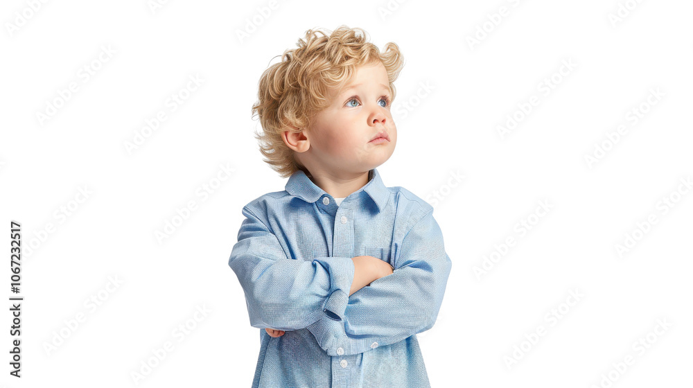 Thoughtful child in blue shirt, white isolate background Thoughtful child in blue shirt, white isolate background