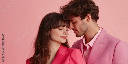 Couple in pink outfits touching foreheads against pink background. Valentine's Day romance concept