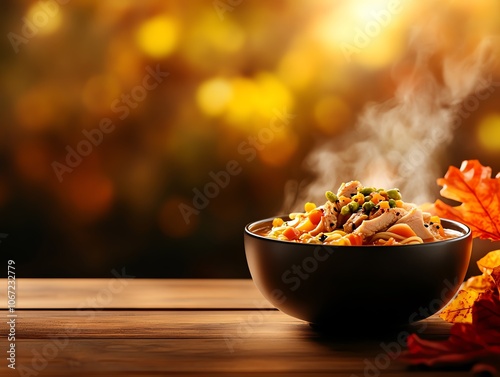 Classic Japanese zoni soup with turkey and fall vegetables, served in a rustic bowl, thanksgiving celebration, warm, inviting atmosphere photo