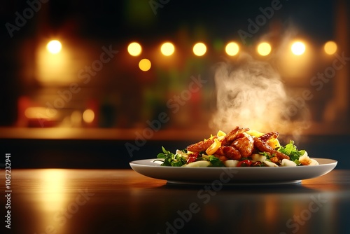 Closeup of a Japanese turkey dish, lightly glazed with teriyaki, served with daikon and misodressed salad, traditionalmeetsmodern cuisine concept photo