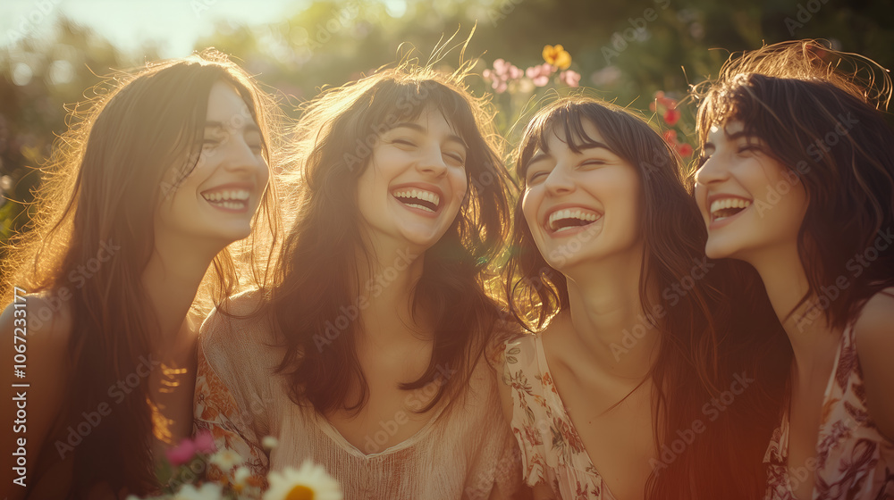 Obraz premium Four women laughing and smiling in the sun, surrounded by flowers and trees