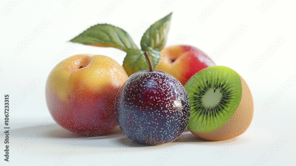 peach, plum, kiwi, cherry, no fine detail, minimalism, rounded shape, vivid color, soft lighting, white backgroud, 3d, cinema 4d, octane render, generative ai peach, plum, kiwi, cherry, no fine detail, minimalism, rounded shape, vivid color, soft lighting, white backgroud, 3d, cinema 4d, octane render, generative ai