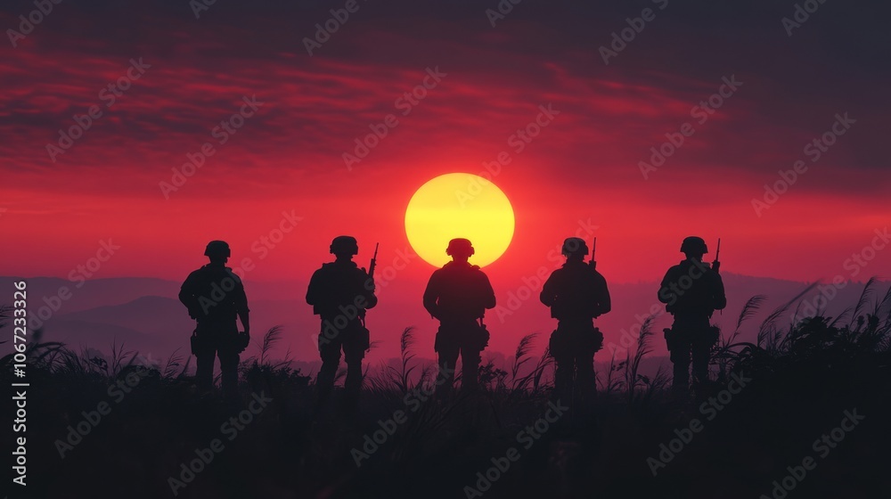 Military at Dawn - Silhouettes of SEALs standing tall at dawn, capturing the strength of the team against a sunrise backdrop. Military at Dawn - Silhouettes of SEALs standing tall at dawn, capturing the strength of the team against a sunrise backdrop.