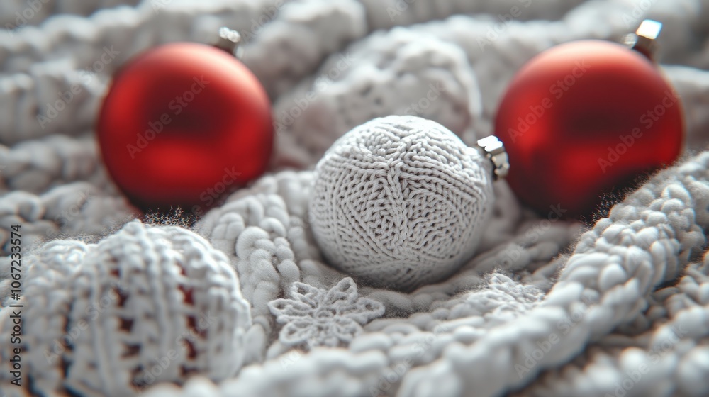 Naklejka premium knitting christmas background with balls and ornaments.