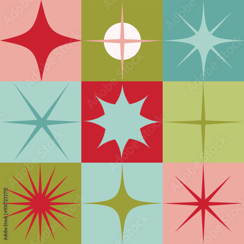 Seamless pattern with geometric retro style Christmas stars and sparkles. Hand drawn vector illustration