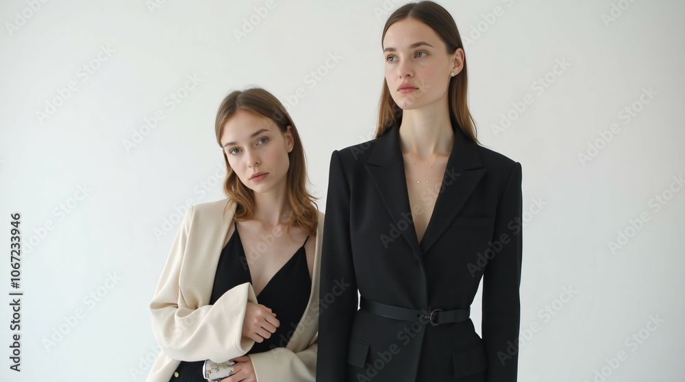 Sophisticated Pair: Fashion Models Capturing Timeless Elegance in Striking Black and Cream Suits. Sophisticated Pair: Fashion Models Capturing Timeless Elegance in Striking Black and Cream Suits.