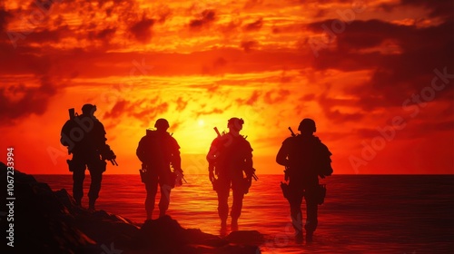 Military Sunset Scene - Navy SEALs silhouetted against a vibrant sunset, with deep shadows and the orange sea behind them.