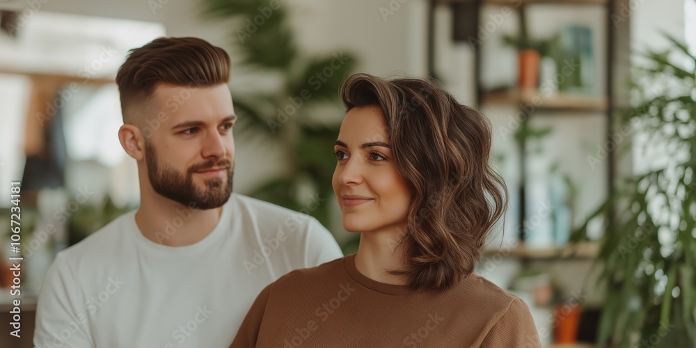 Fototapeta premium Couple in casual wear with houseplants background. Valentine's Day home lifestyle concept