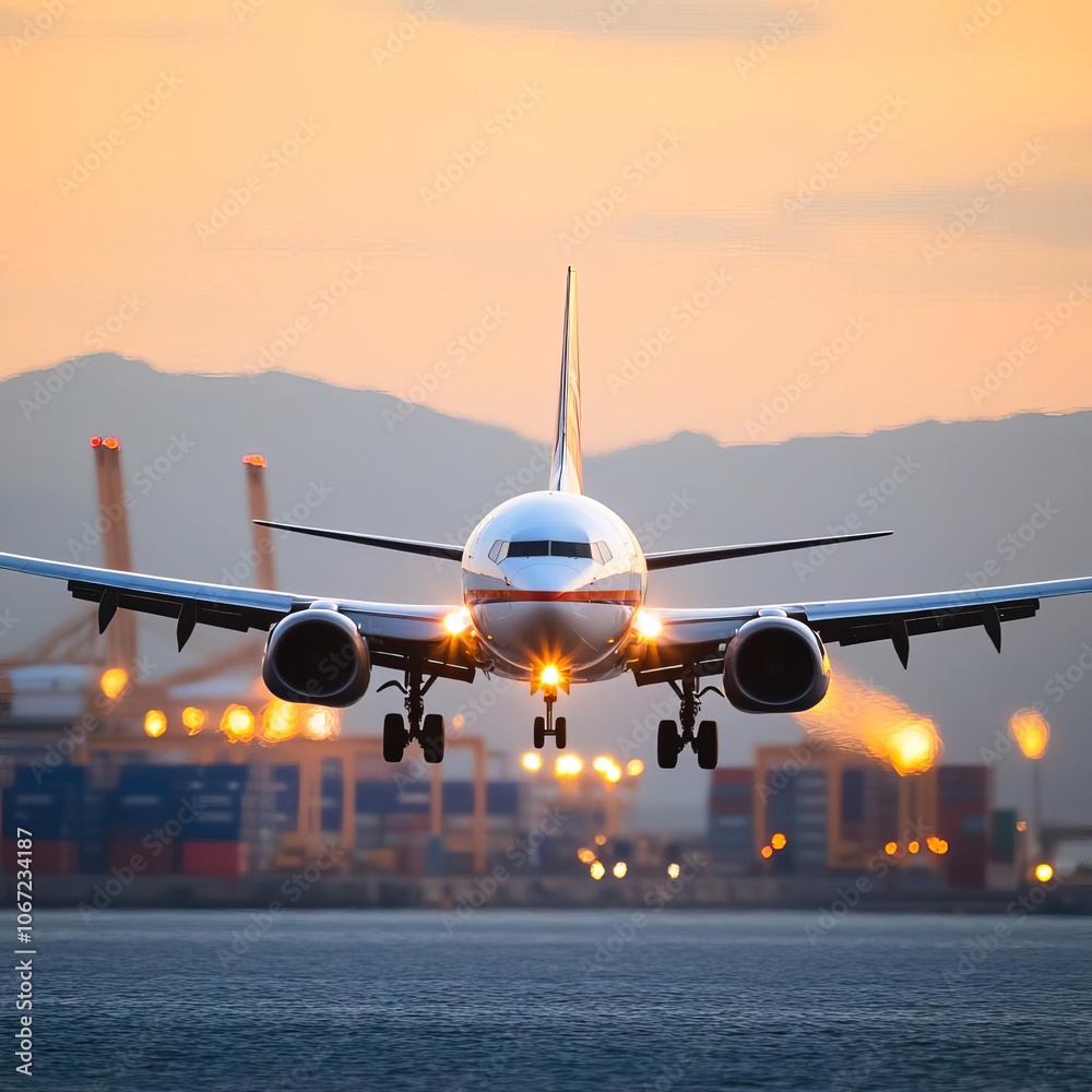 Naklejka premium Plane landing near shipping port, multimodal logistics concept
