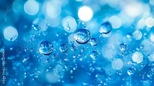 Macro of water droplets in motion against blue bokeh background