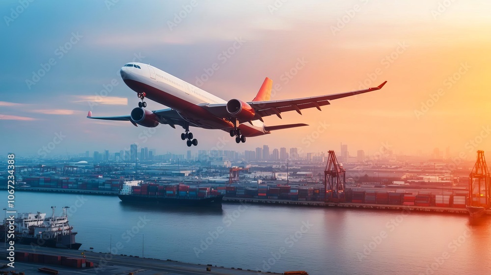 Plane landing over port, global reach, multimodal hub Plane landing over port, global reach, multimodal hub