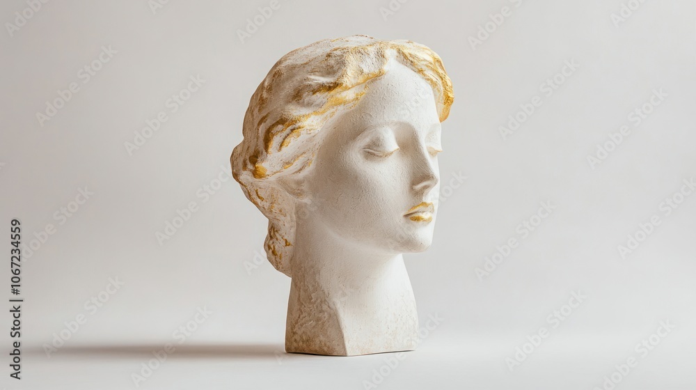 Minimalist replica of Venus head sculpture, golden accents on plaster, against a smooth white background
