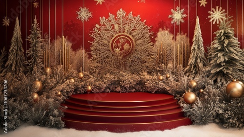 3D-Rendered red and luxry podium with christmas ornaments photo